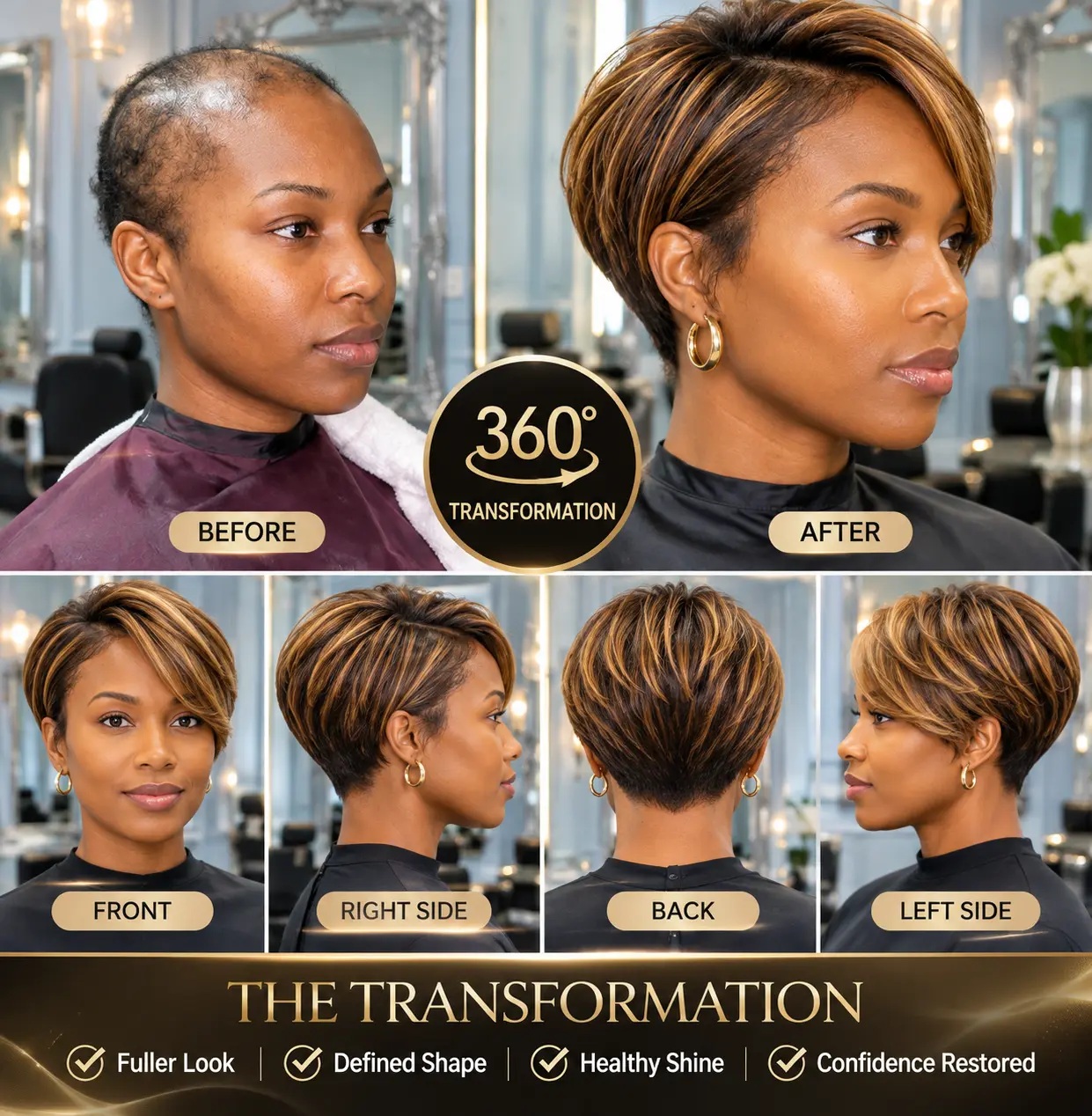Uploaded collage showing a short highlighted hairstyle from the front, sides, and back