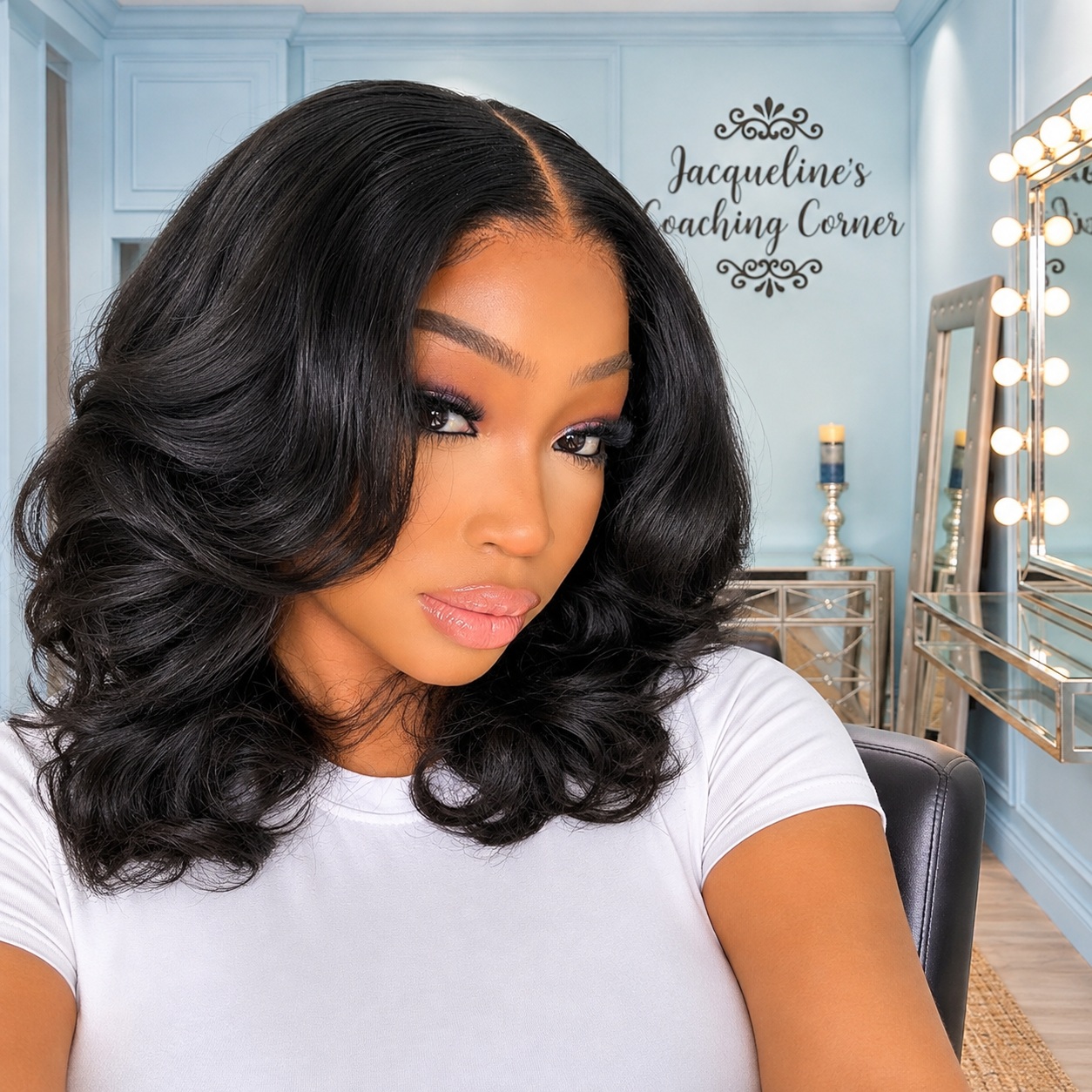 Glossy black shoulder-length waves with a center part